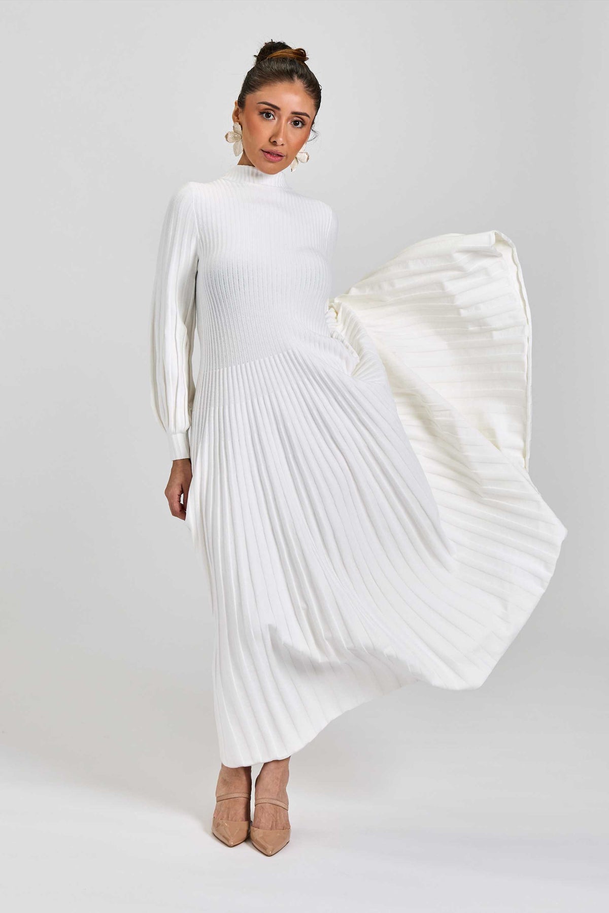 winter dress pleated knitted White A-Line Knit Maxi 96 cm M productlength_m_48.25 A Line Brown Long Color:BROWN FLORAL