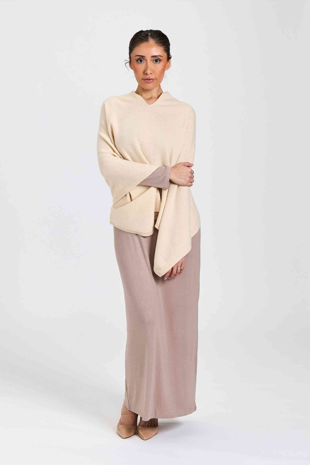 Wool and Cashmere Blend Poncho Cream Melange