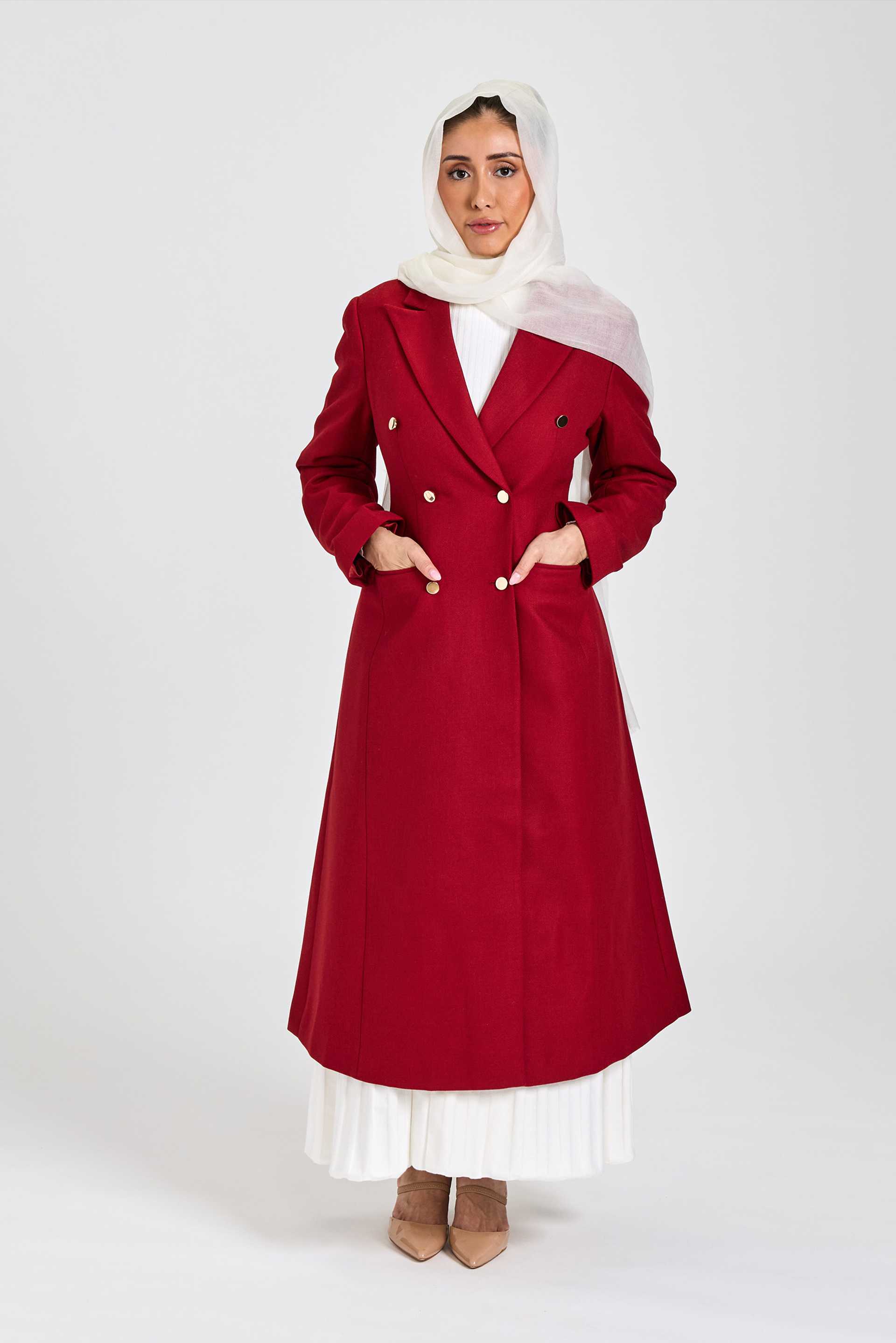 Red Double-Breasted Wool Blend Maxi Coat