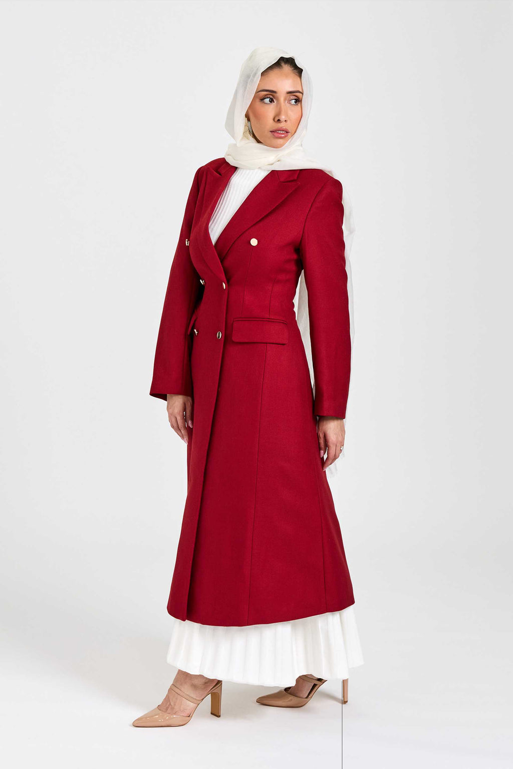 Red Double-Breasted Wool Blend Maxi Coat