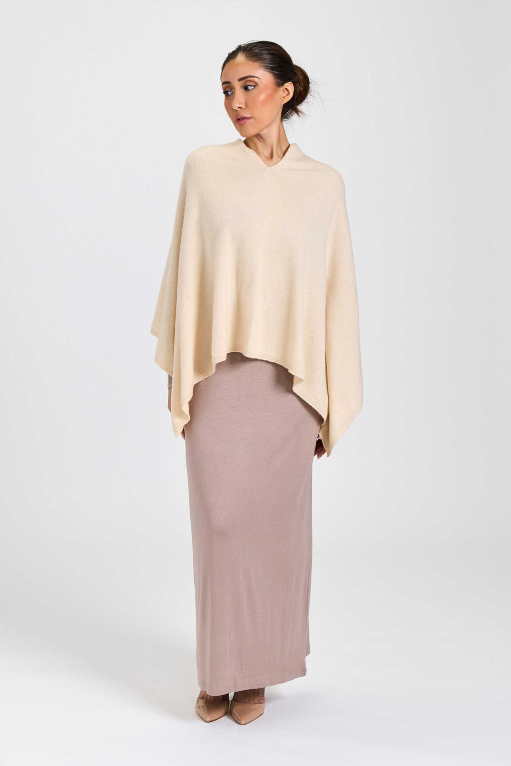 Wool and Cashmere Blend Poncho Cream Melange