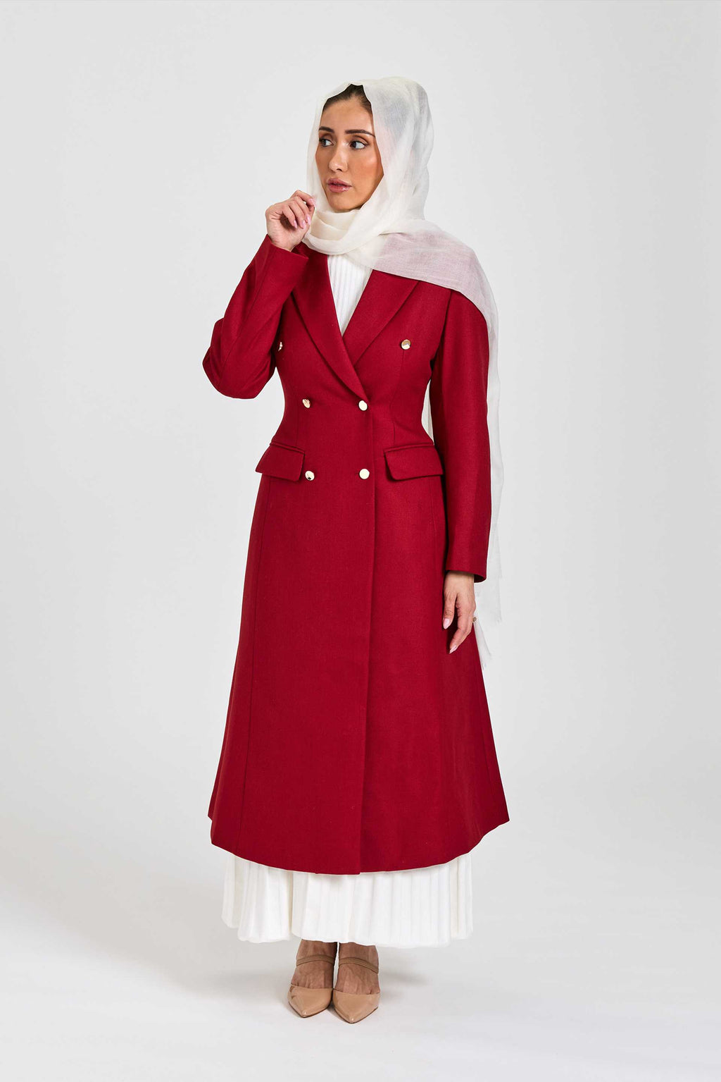 Red Double-Breasted Wool Blend Maxi Coat