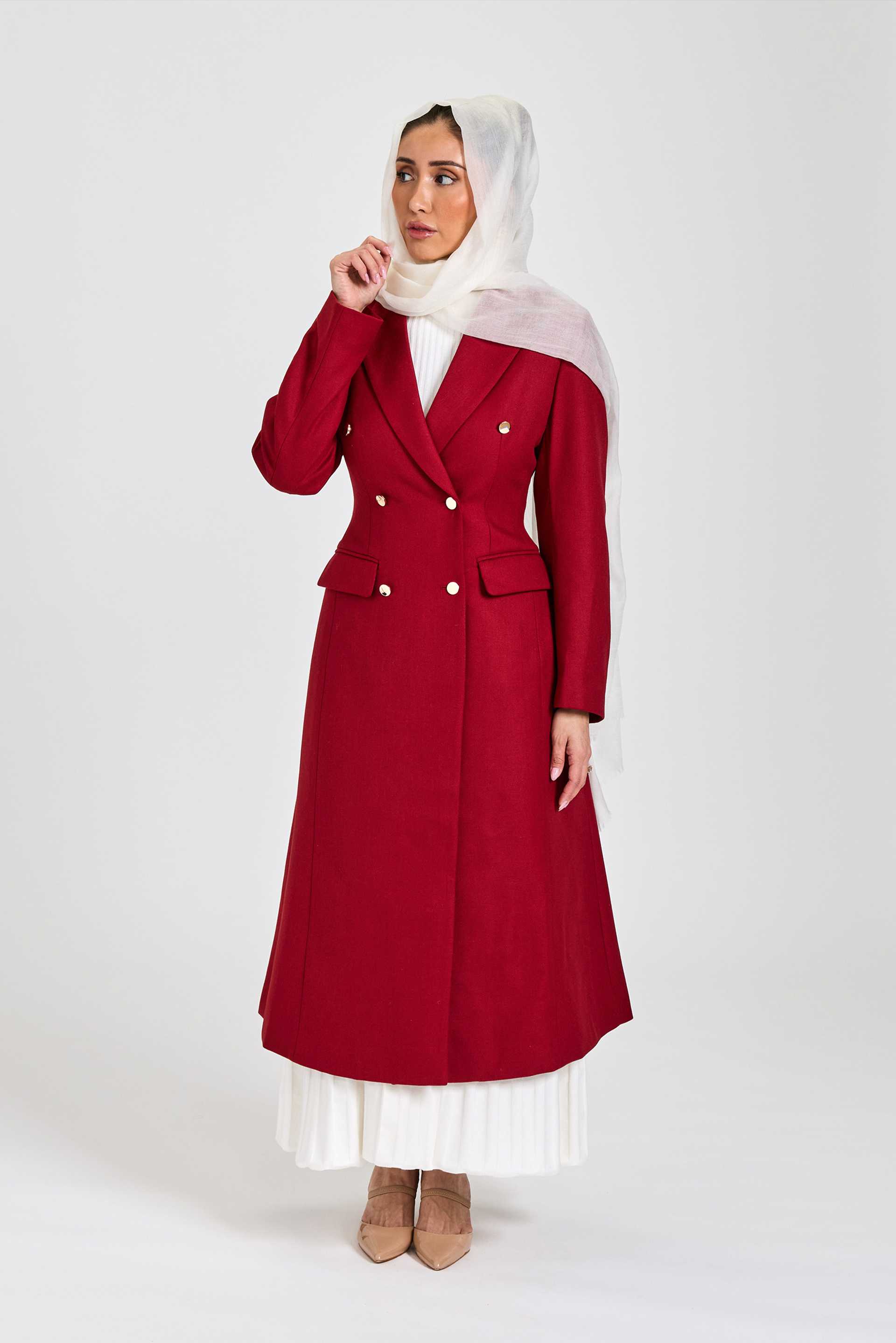 Red Double-Breasted Wool Blend Maxi Coat
