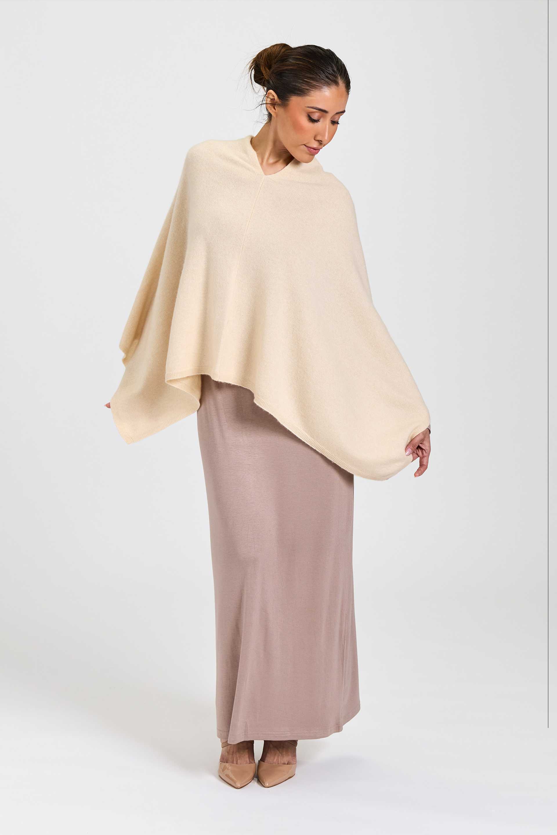 Wool and Cashmere Blend Poncho Cream Melange