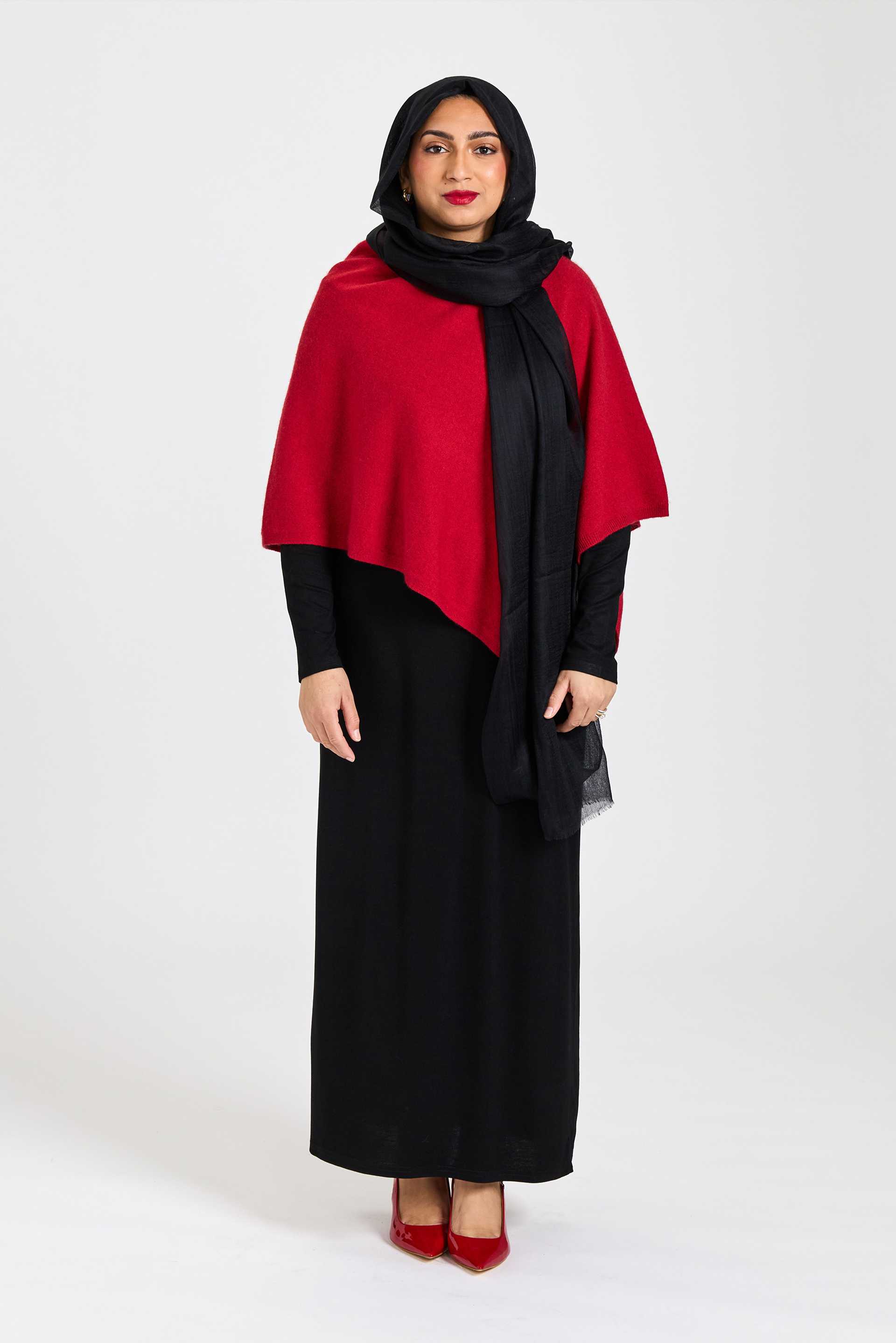 Wool and Cashmere Blend Poncho Cherry Red
